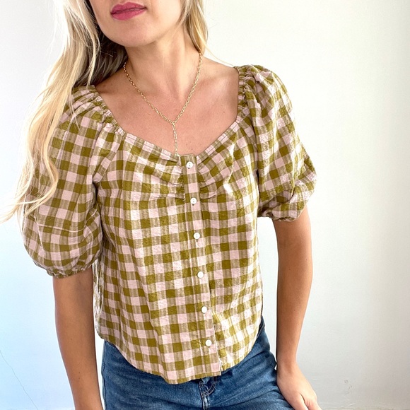 Universal Thread Tops - Universal Thread Olive Green and Pastel Purple Checkered Top